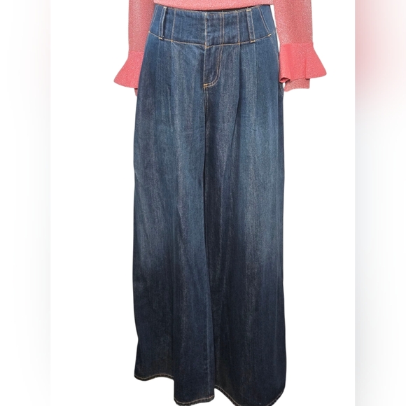 Alice + Olivia Anders Low Rise Pleated Wide Leg Jeans Love Train Dark Wash Sz 29 - Picture 8 of 16